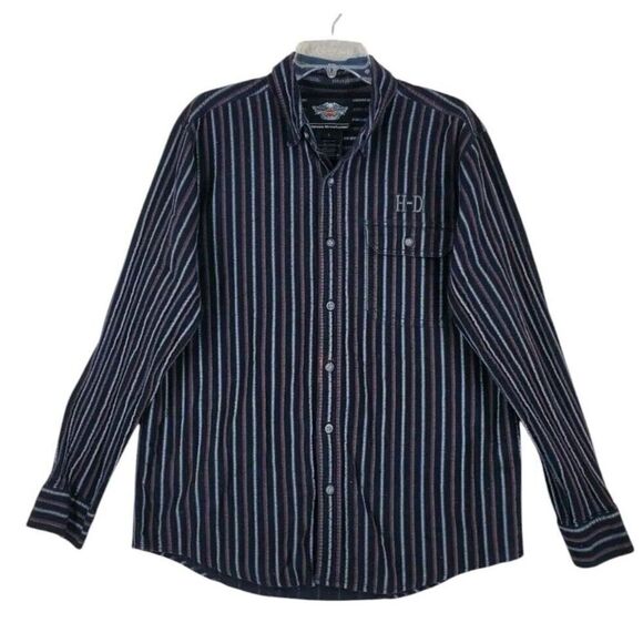 Harley Davidson Button Up Shirt Mens L Black Gray Striped LS Embroidered Logo - Picture 13 of 13